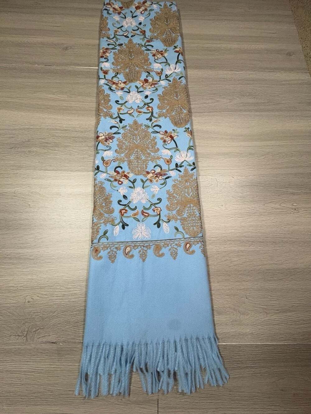 Cashmere Scarf Light Blue Floral Embroidered Wool Fringe